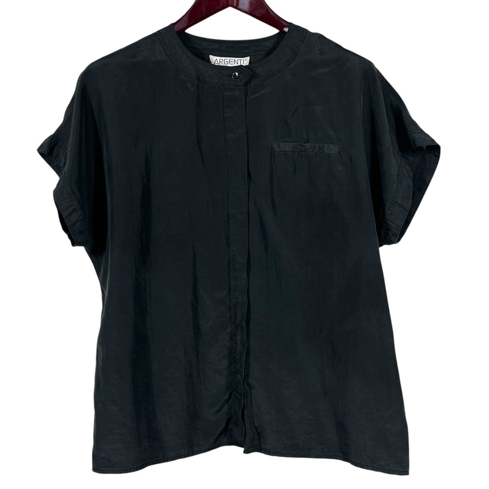 Vintage Argenti 100% Silk Blouse Womens 16 Black Short Sleeve Button Front Chic